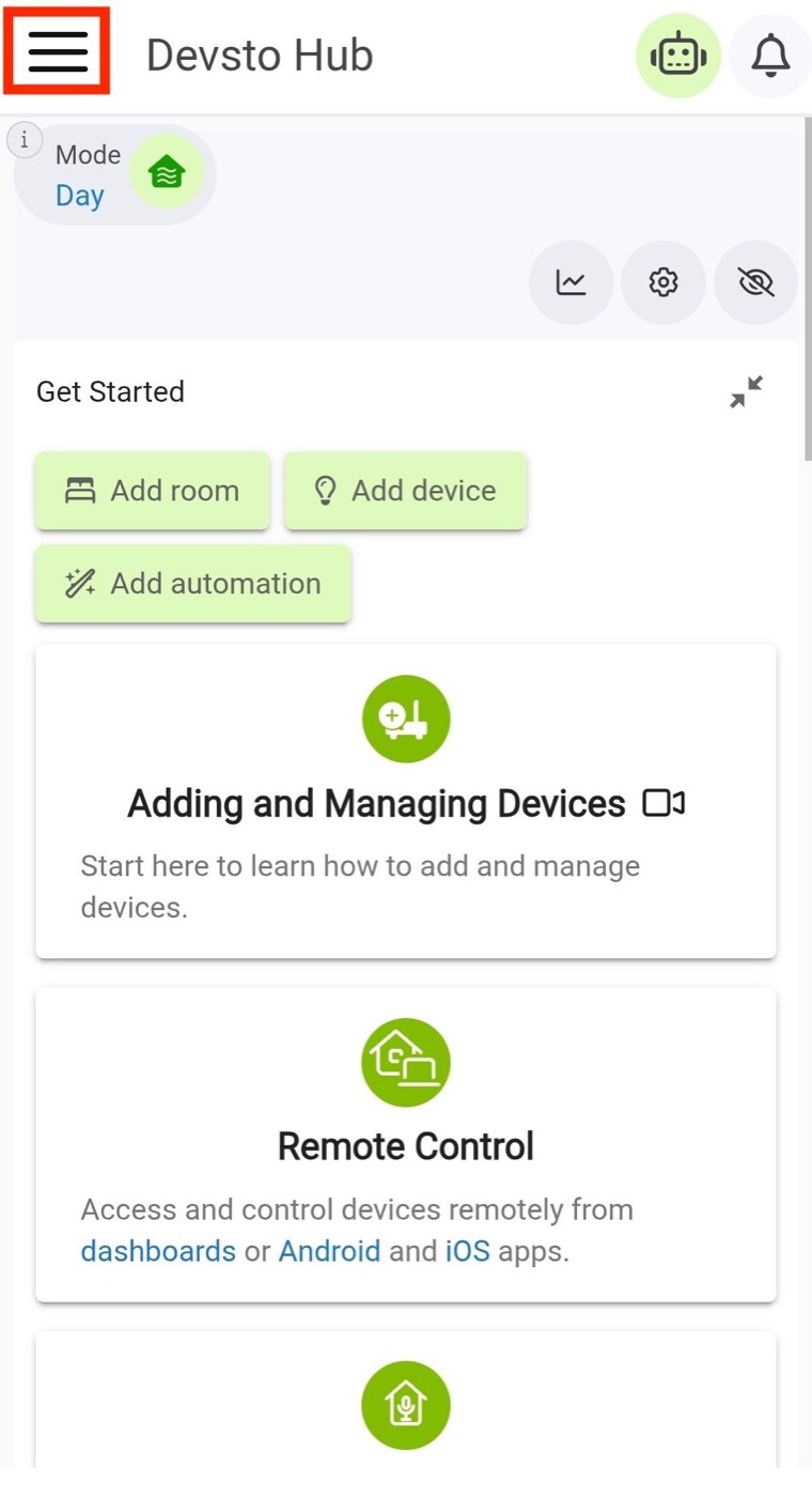 Hubitat dashboard with the menu icon highlighted