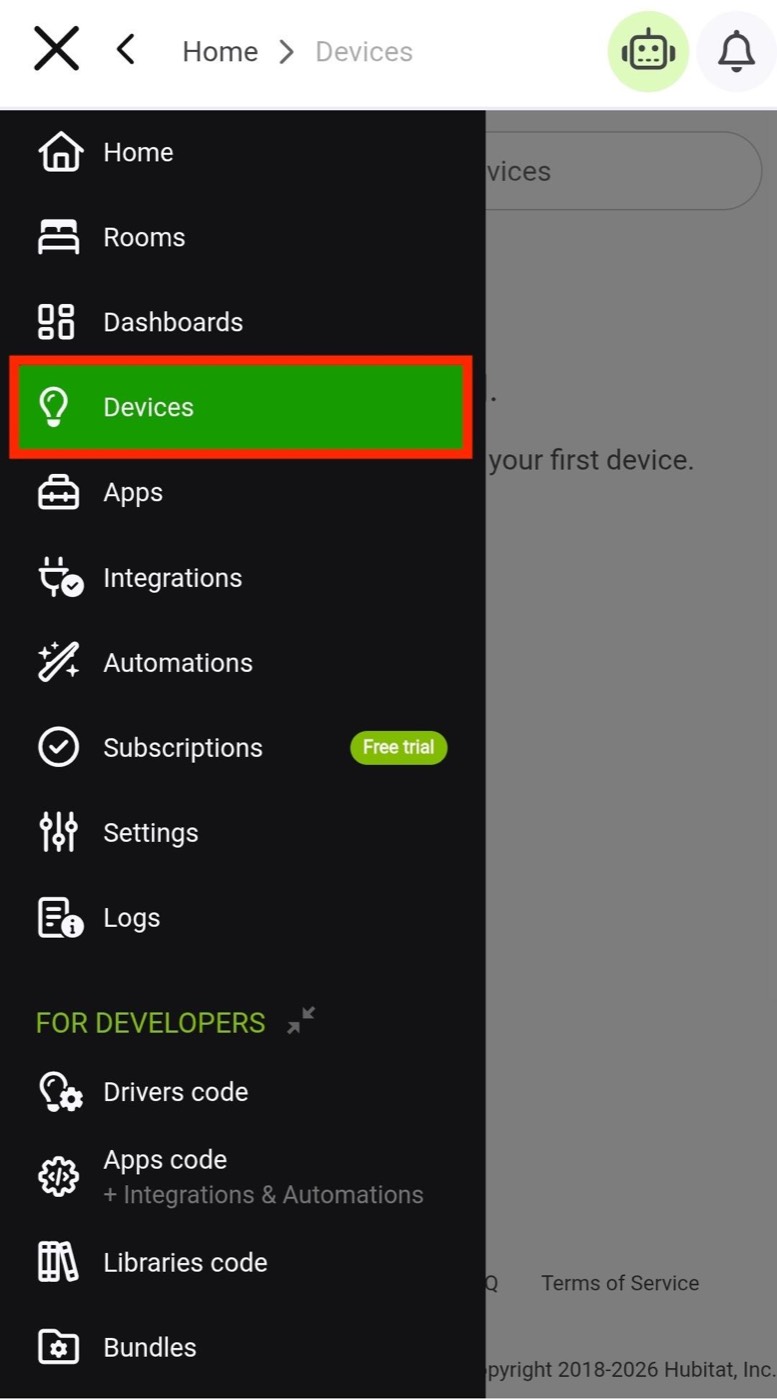 Hubitat navigation menu with Devices highlighted
