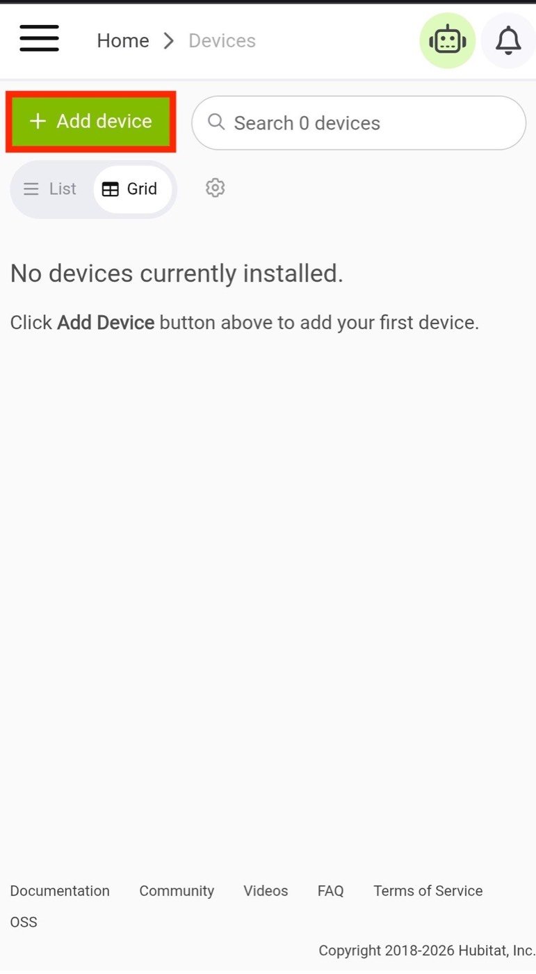 Hubitat Devices screen with the Add Device button