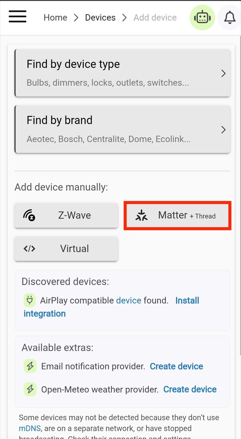 Add device screen with Matter + Thread highlighted