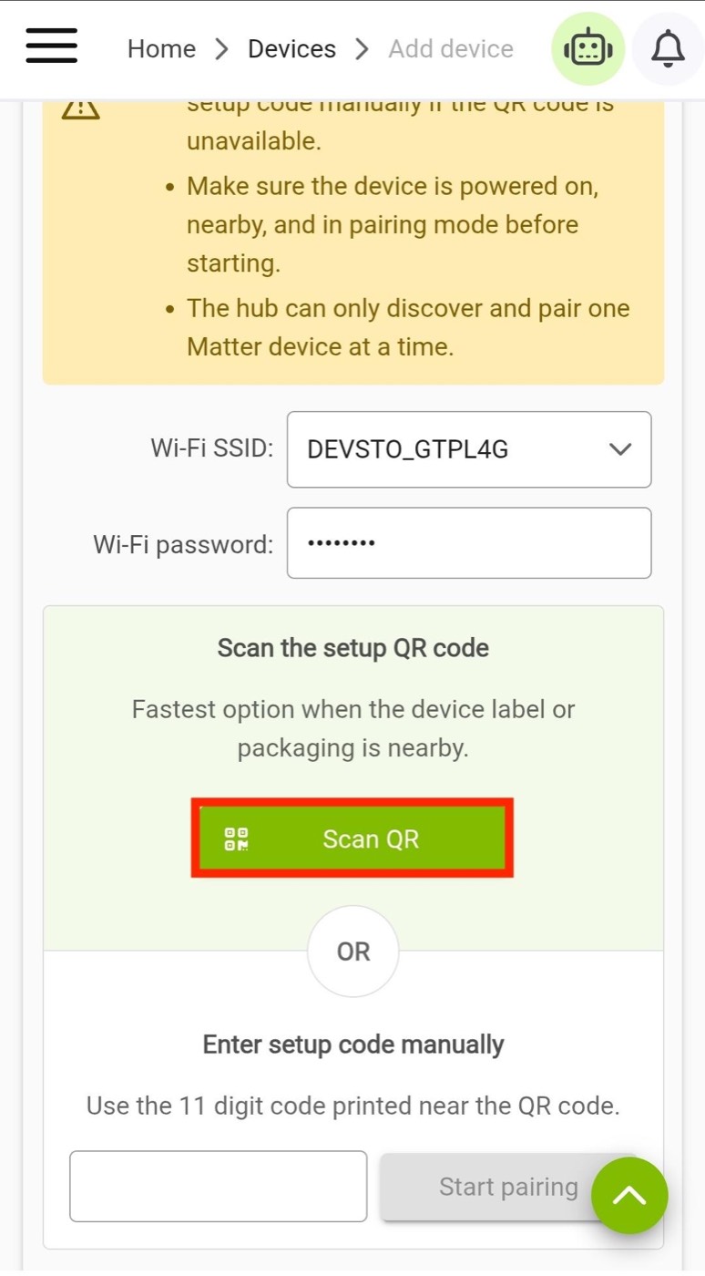 Matter setup screen with the Scan QR button