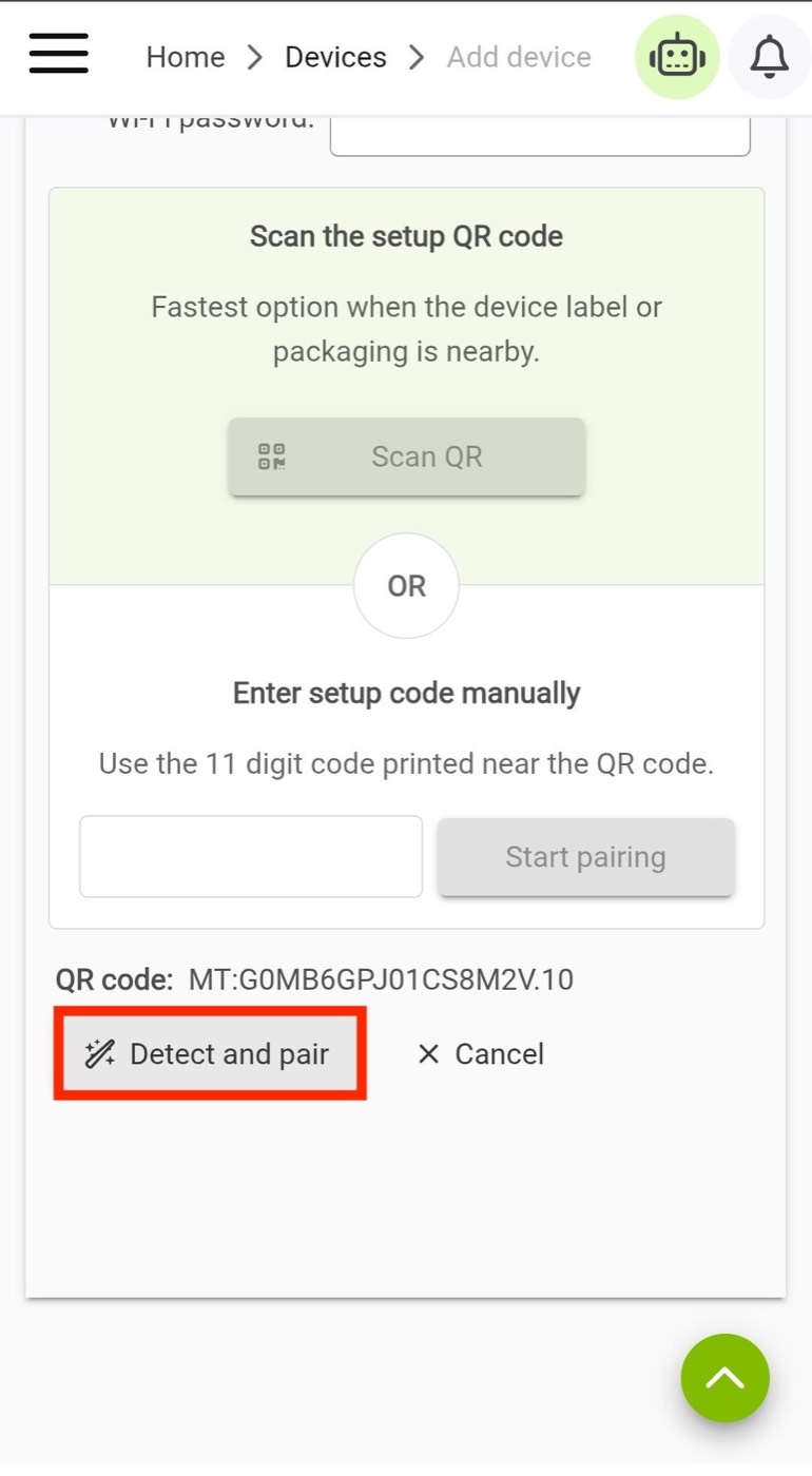 Matter setup screen showing the scanned code and Detect and Pair button