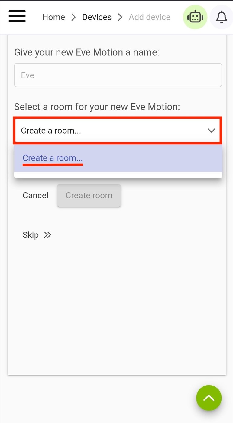 Select a room dropdown with Create a room selected