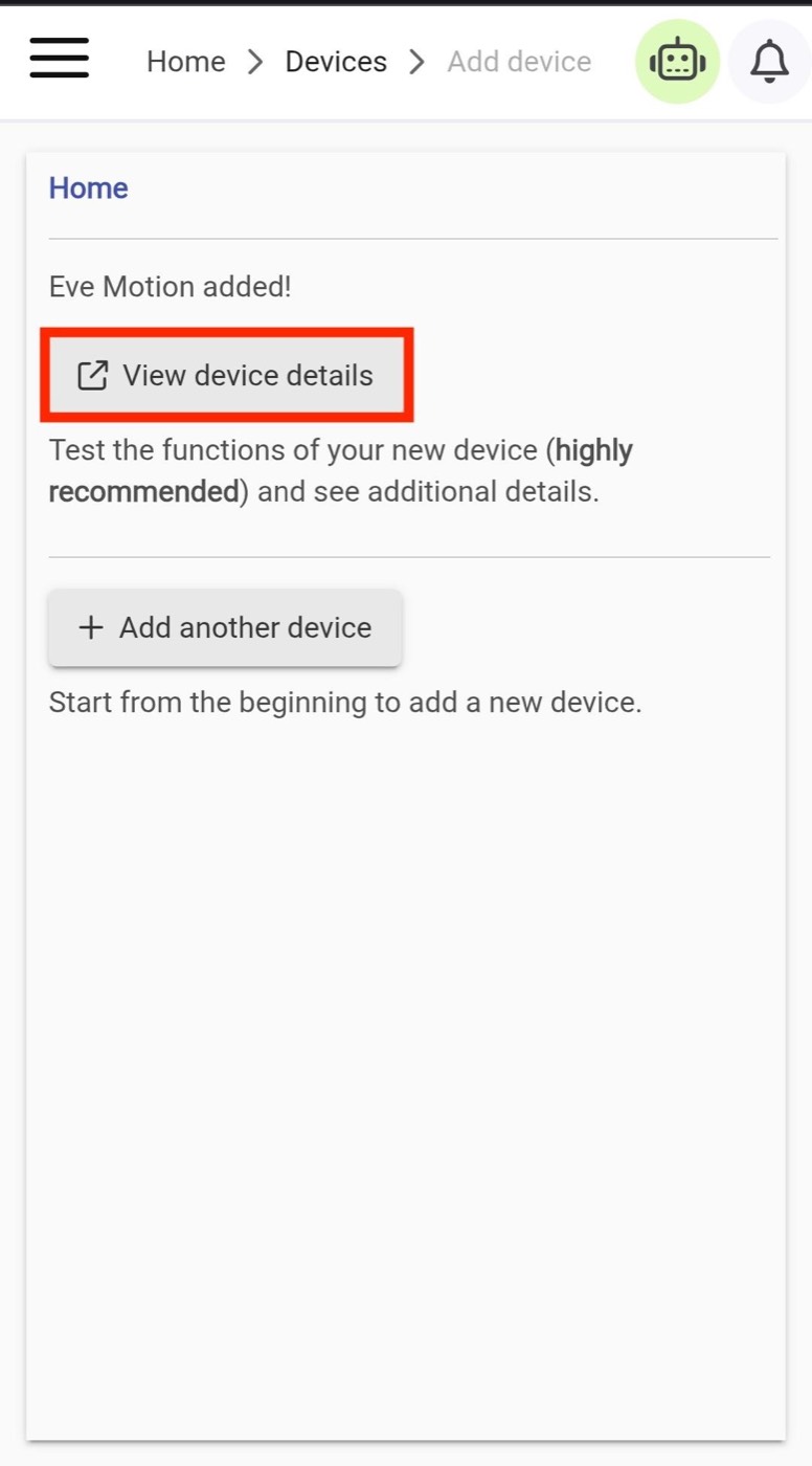 Eve Motion added confirmation with View device details highlighted