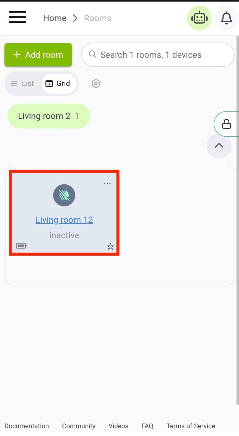 Selected room showing the newly added motion sensor