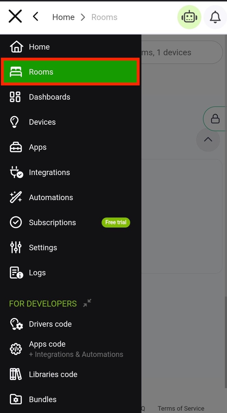 Hubitat navigation menu with Rooms highlighted