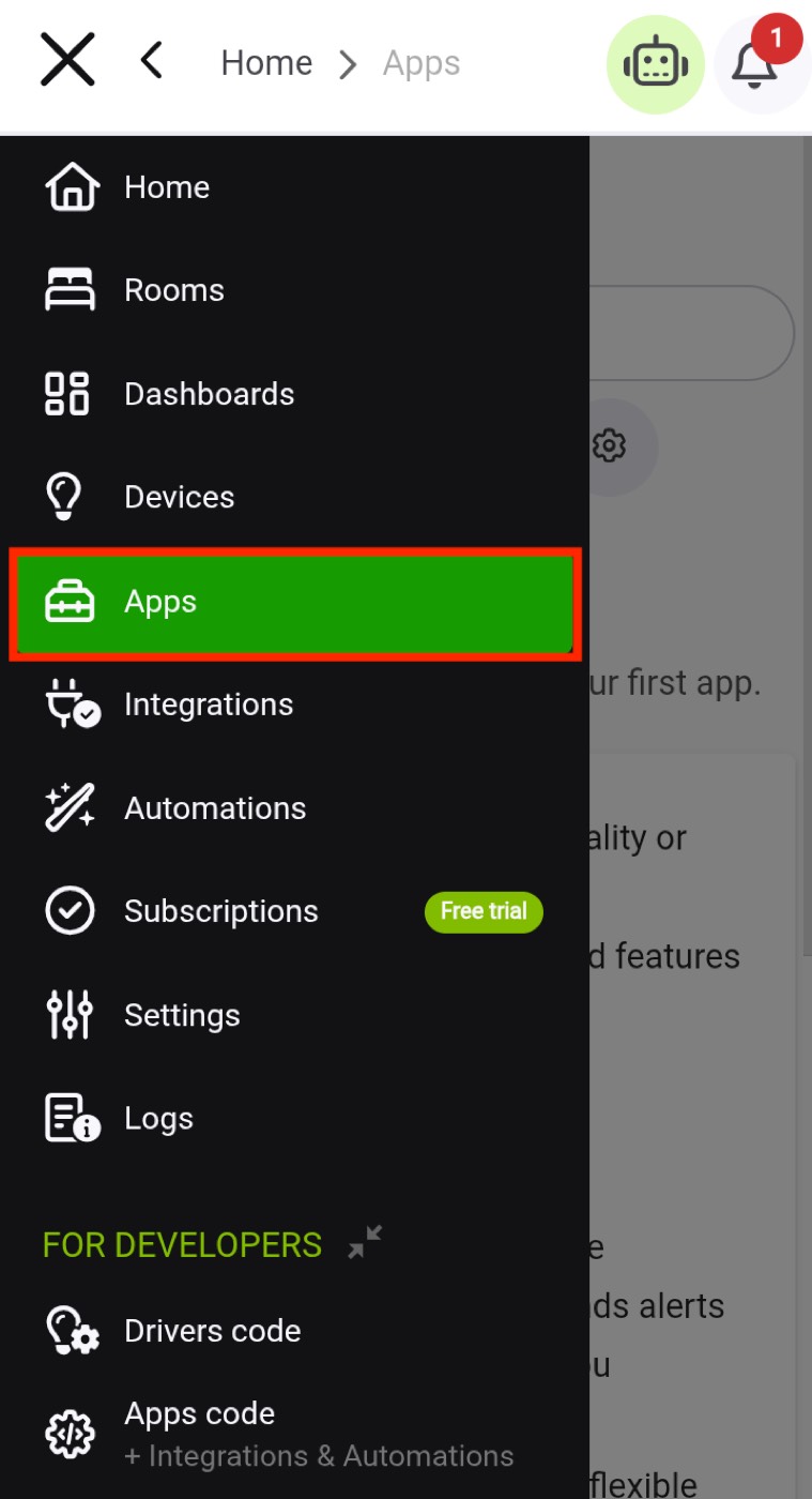 Hubitat navigation menu with Apps highlighted