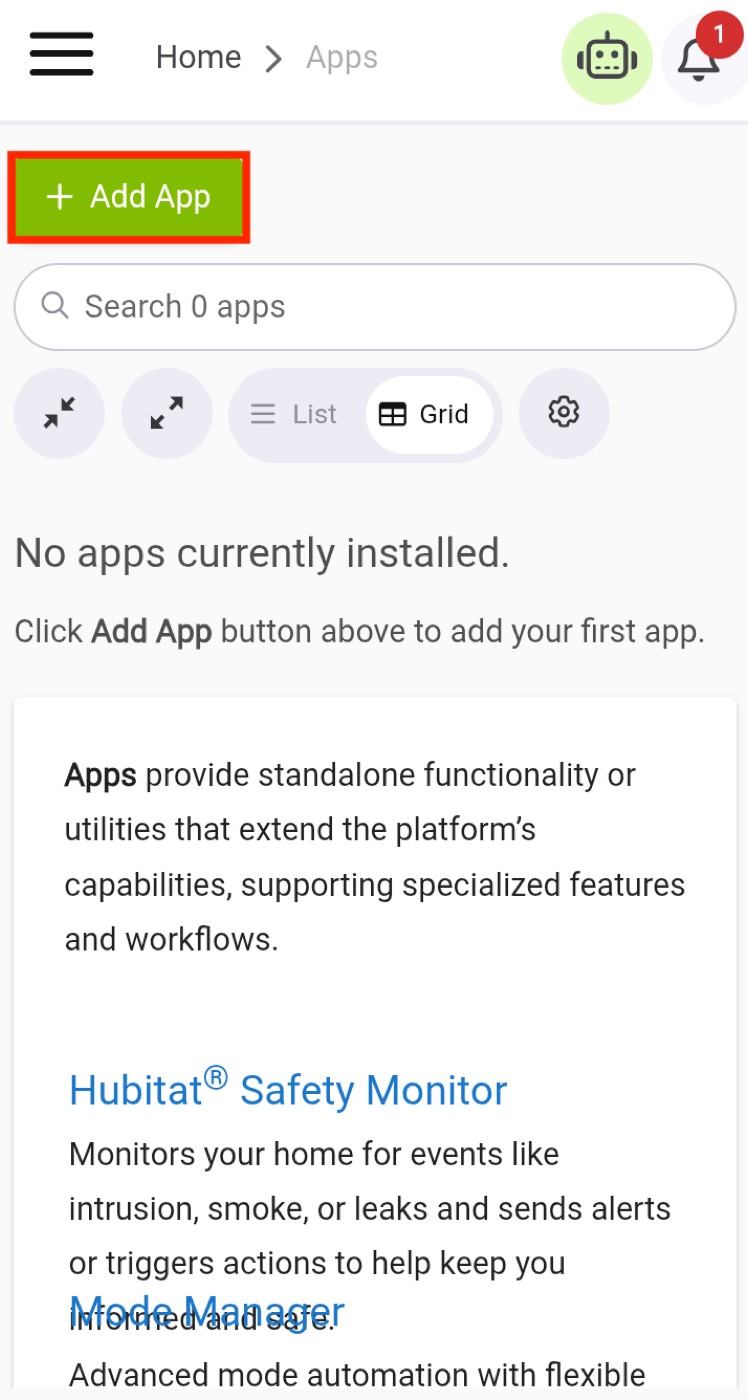 Hubitat Apps screen with Add App highlighted