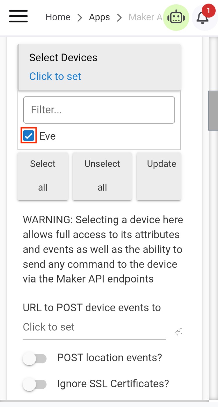 Device list with Eve checkbox selected