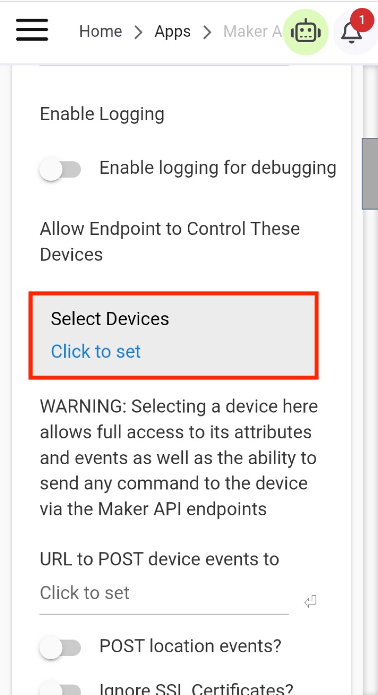 Maker API screen with Select Devices highlighted