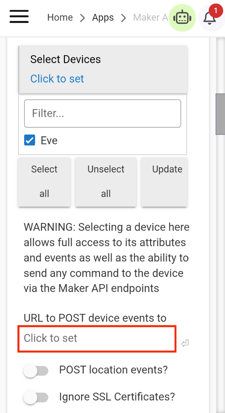 Maker API URL to POST device events to field highlighted