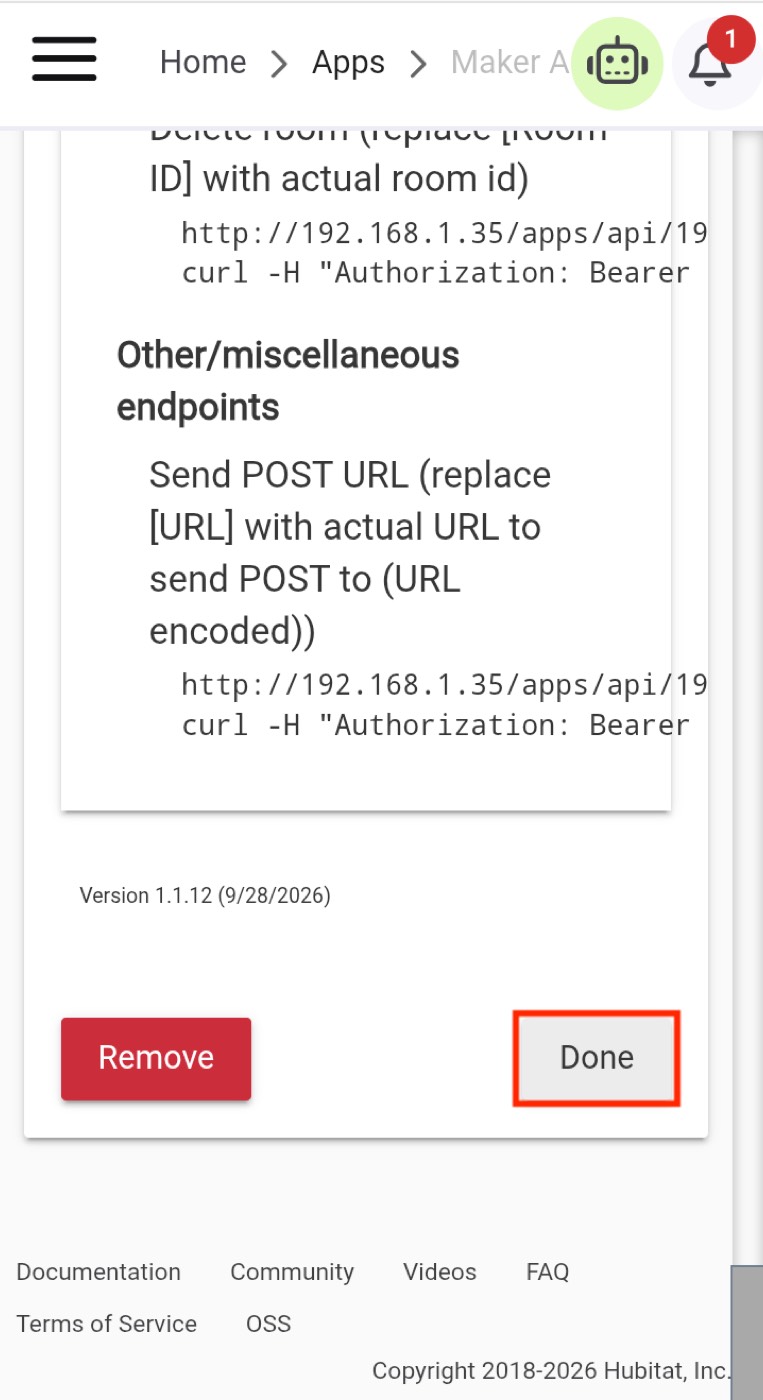 Maker API configuration screen with Done highlighted