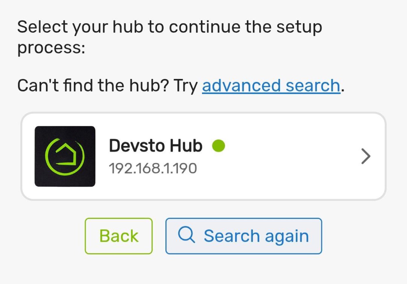 Hub discovery results showing a Hubitat hub ready to select