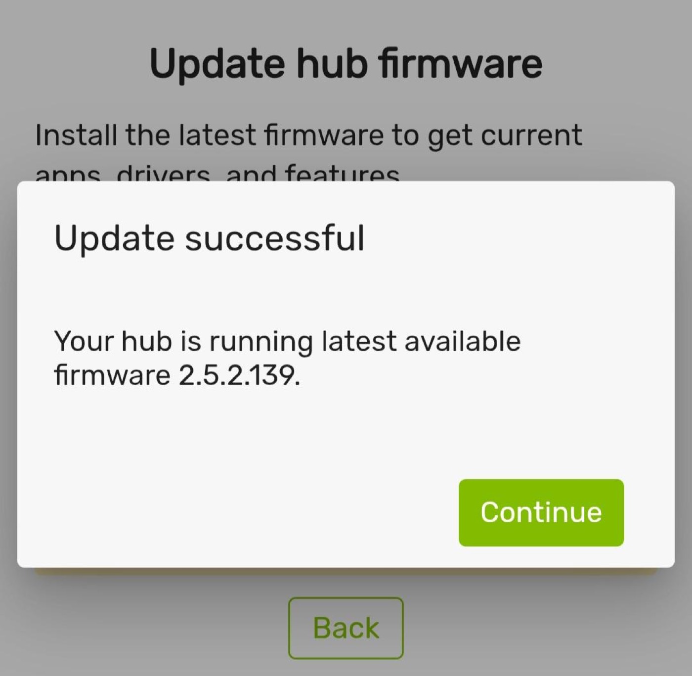 Update successful dialog with Continue button