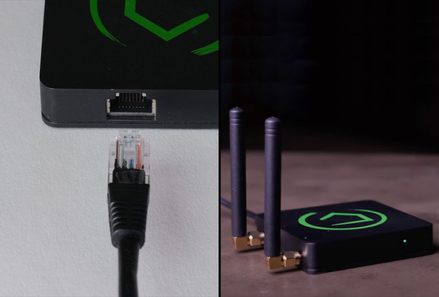 Ethernet cable next to the hub port, and a Hubitat hub connected over Wi-Fi with a green LED
