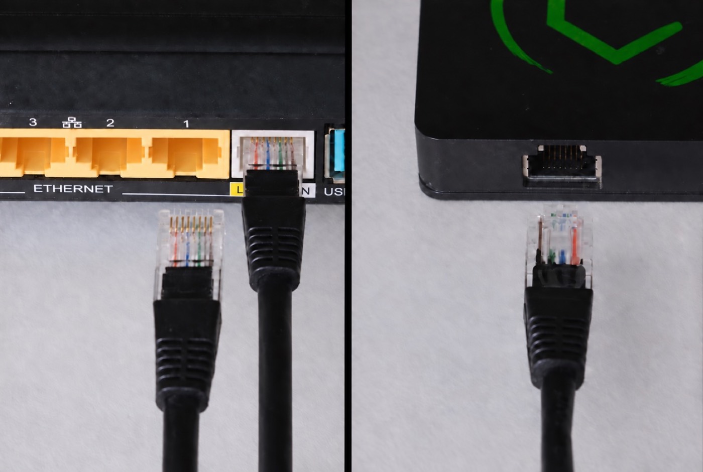 Ethernet cable plugged into a router port and into the Hubitat hub