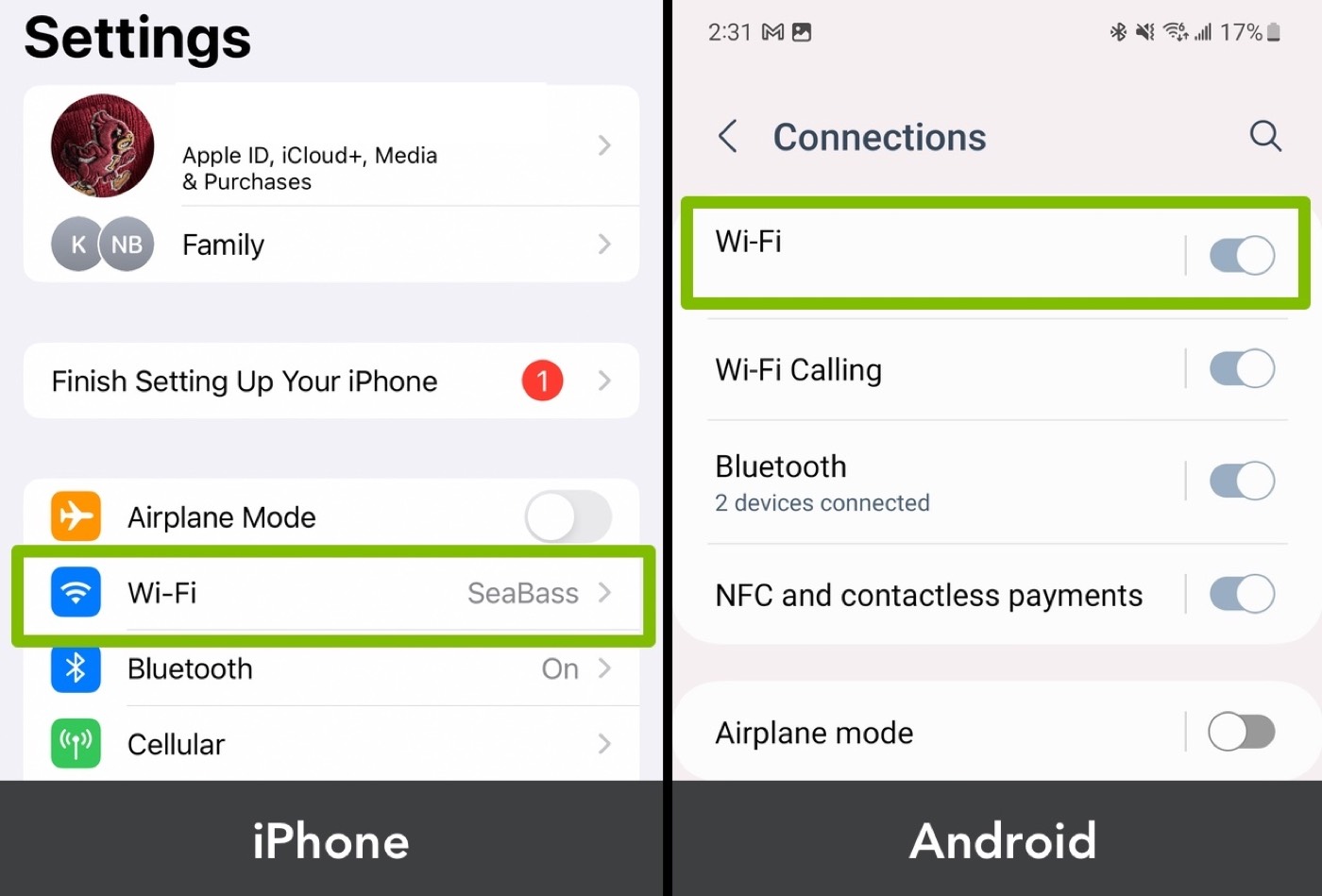 iPhone Settings and Android Connections screens with Wi-Fi highlighted