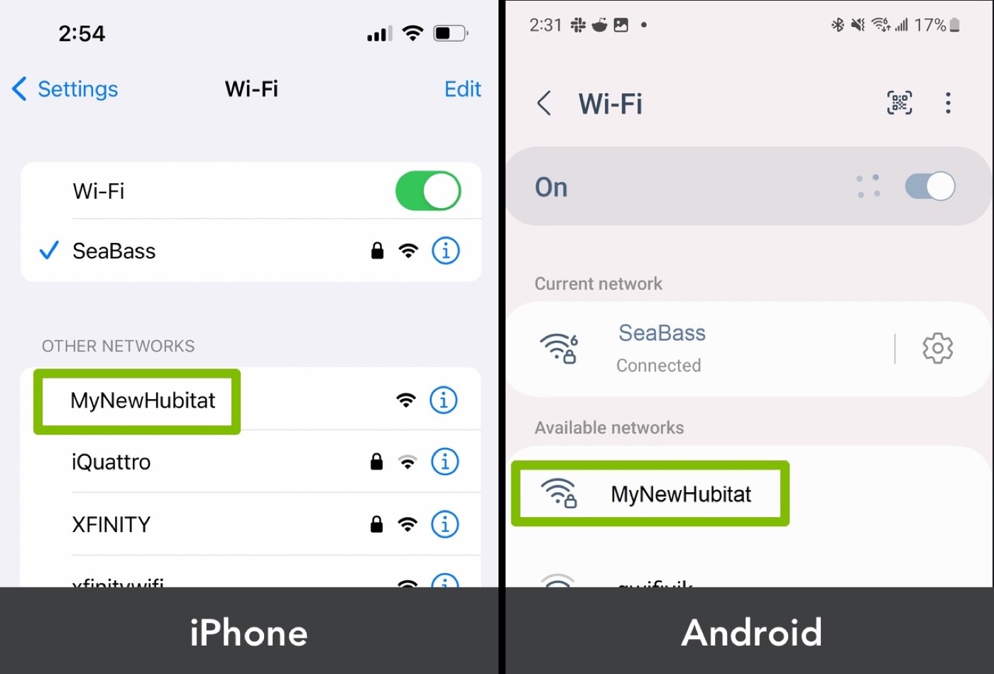 iPhone and Android Wi-Fi lists with MyNewHubitat highlighted