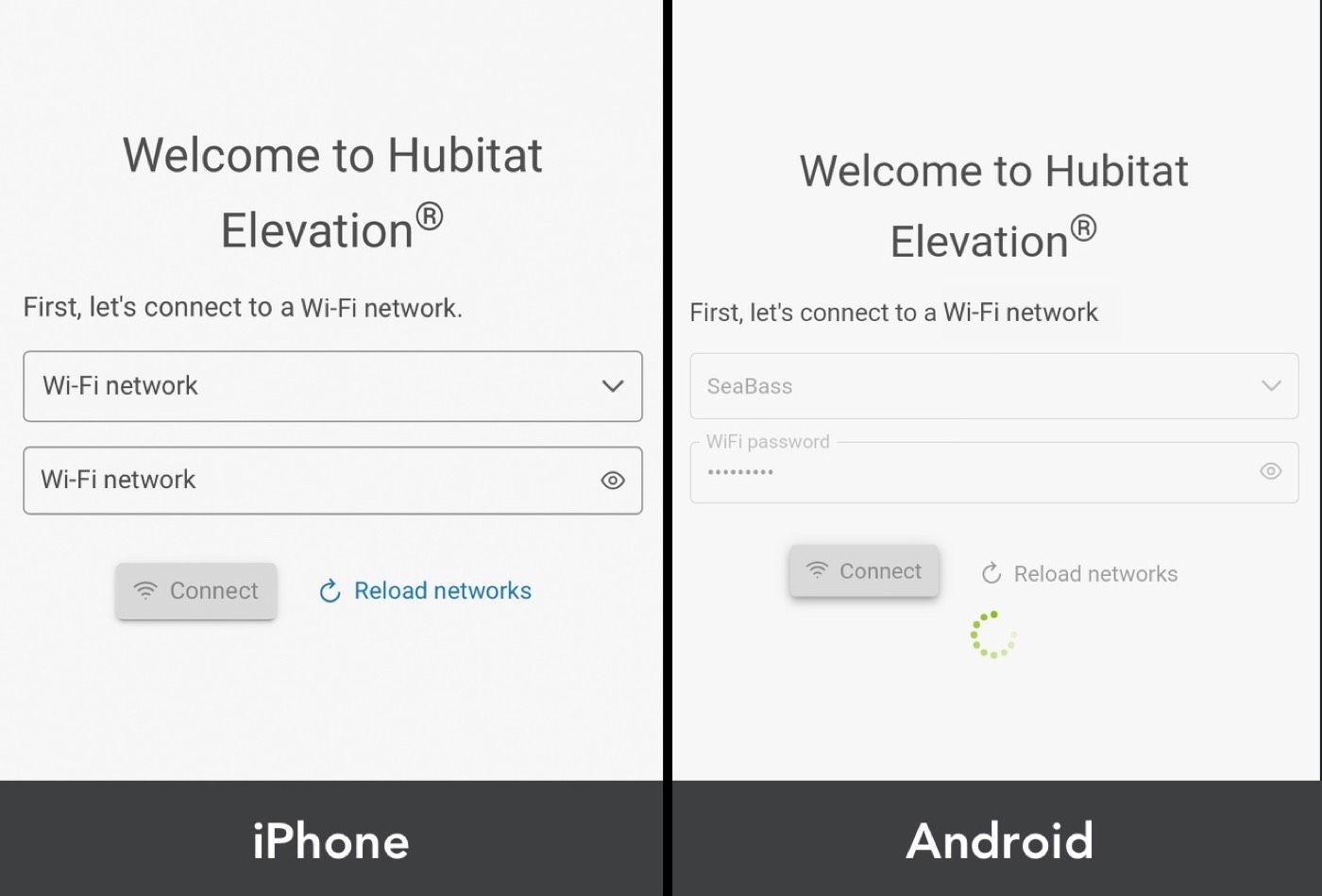 Hubitat Wi-Fi portal on iPhone and Android with network name, password, and Connect button